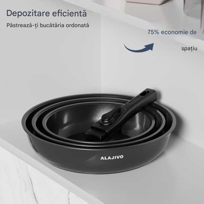 Set 3 tigăi cu mâner detașabil 20/24/28cm ceramică antiaderentă Inducție & cuptor - Alajivo