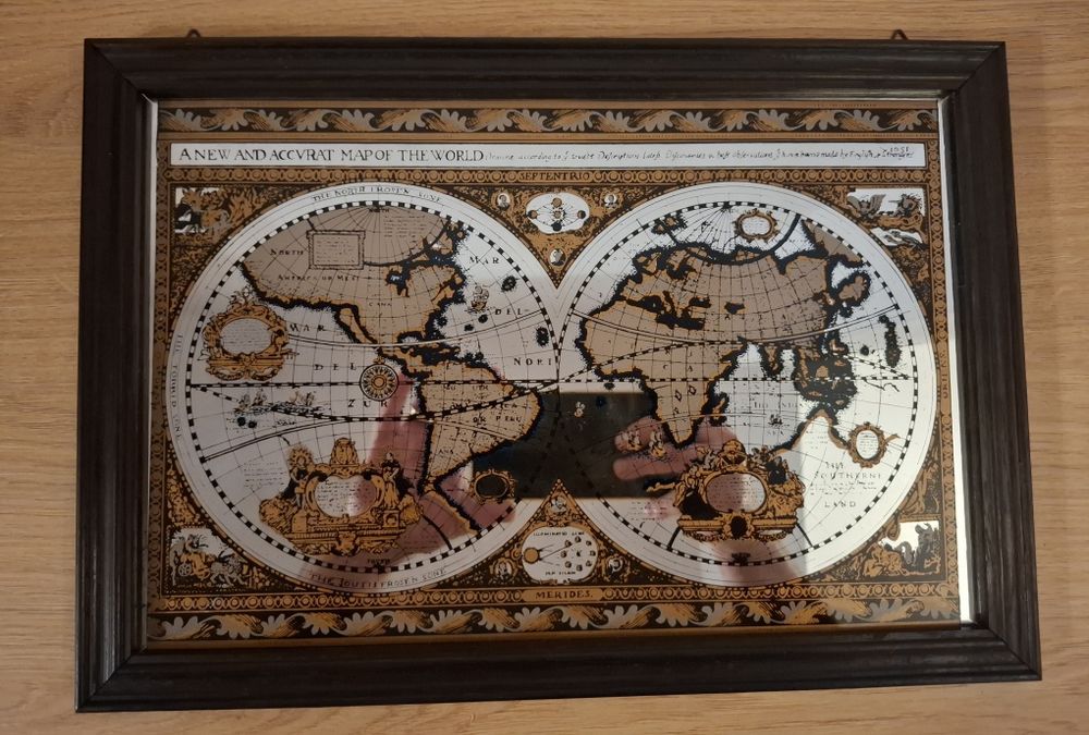 Tablou decorativ pe sticlă/oglindă – Hartă veche a lumii, ramă din lem