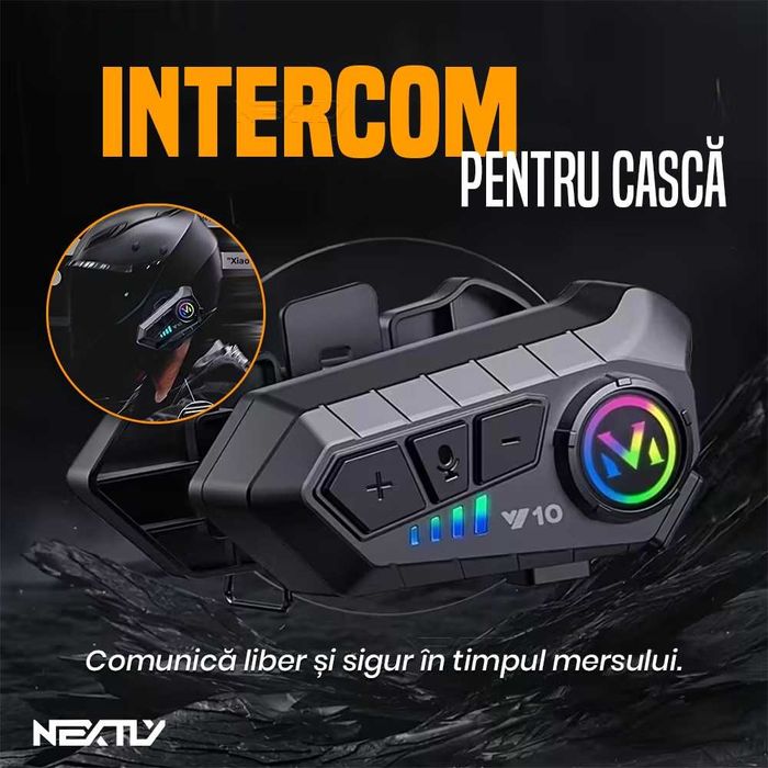 Sistem de comunicare moto Intercom, Bluetooth V5.3, voce/microfon HD, asistent vocal, redare muzica/apeluri, IPX6 Waterproof, reducere zgomot