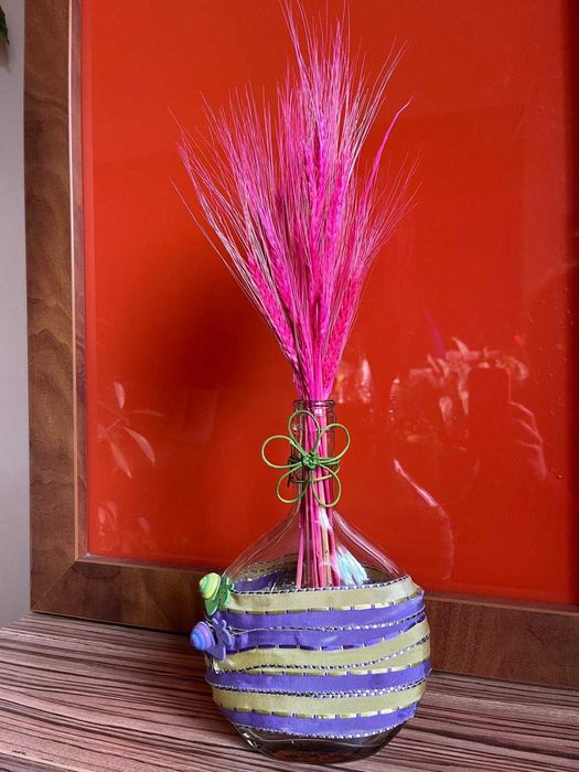 Vază decorativă din sticlă cu aranjament floral uscat, handmade