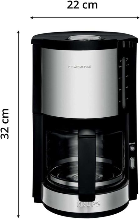 Кафемашина Krups KM321 Proaroma Plus Glass, 10 чаши, 1100 W, модерен дизайн, черна с апликация от неръждаема стомана [Енергиен клас B]