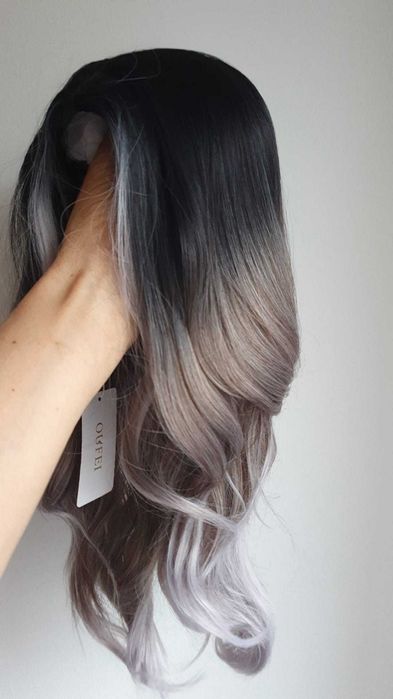 Peruca lunga ondulata Ombre negru gri pentru femei 55 cm