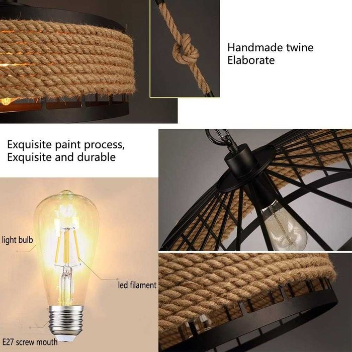 Конопено въже Индустриален стил Ретро Висяща клетка Желязо Полилей