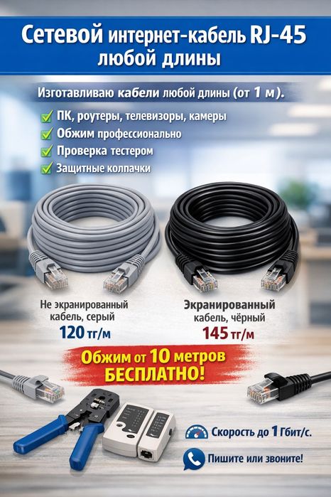 Сетевой интернет-кабель RJ-45 любой длины