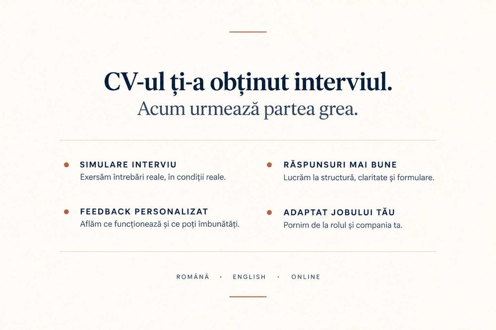Pregătire interviu în Engleză sau Română | Simulare + feedback | Online