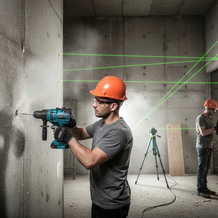 4в1 Безчетков комплект  Перфоратор , Гайковерт - Винтоверт и 4D Нивелир + 4 батерии