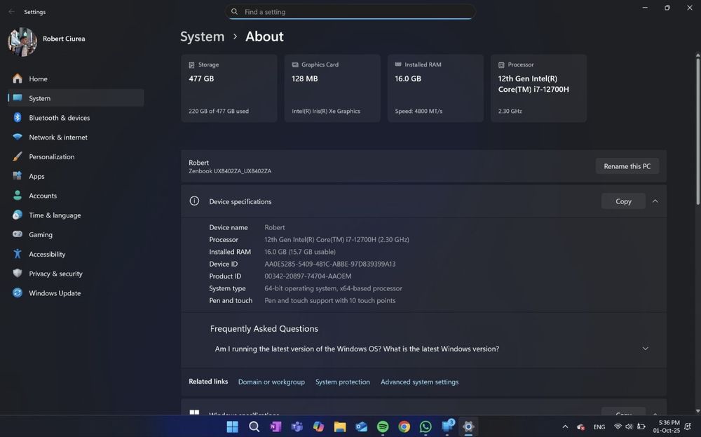 Asus Zenbook PRO 14 duo, Intel i7-12th gen, 16GB RAM UX8402ZA