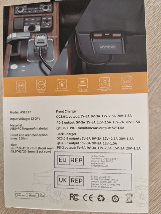 Încărcător auto multi port Asometech 78W
