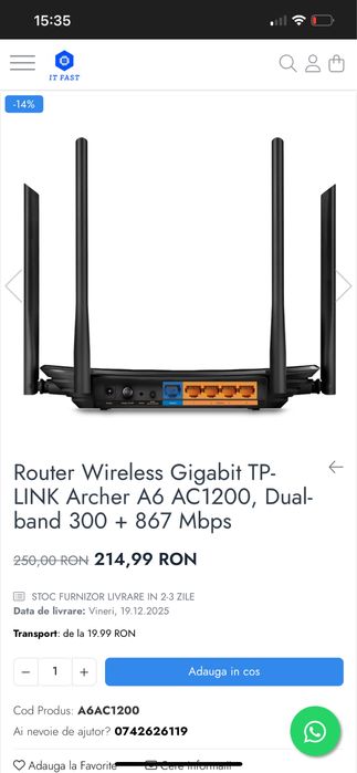 Router Wireless TP-Link AC1200 Archer C6 Gigabit