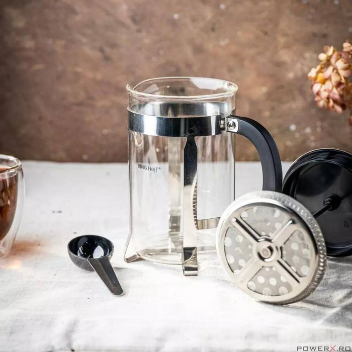 Infuzor ceai din sticla si inox,cu presa si lingurita, 0.6L, Kinghoff
