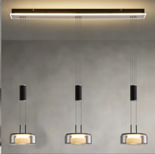 Pendul LED modern 3 becuri din sticlă neagră cu telecomandă reglabil pe înălțime dimabil pentru dining și insulă bucătărie