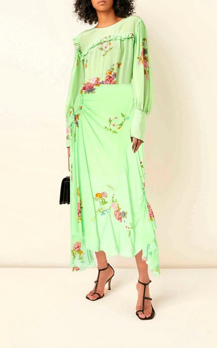 Пола миди XS размер PREEN официална ежедневна асиметрична зелена принт