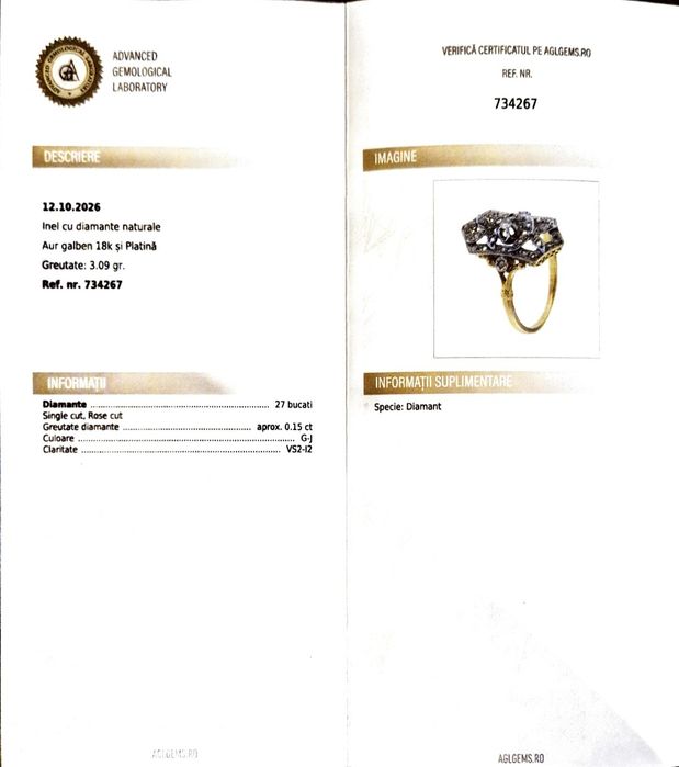 Inel Art Nouveau din aur de 18K cu diamante naturale montate in platina