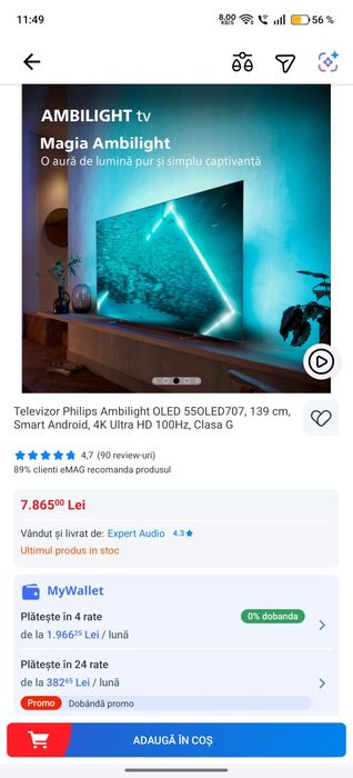 Televizor Philips Ambilight OLED 55OLED707, 139 cm, Smart Android, 4K