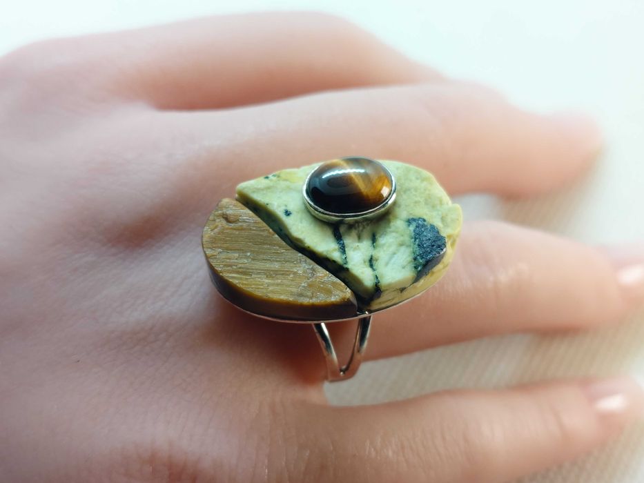 Inel argint (testat) ochi de tigru + jasp galben