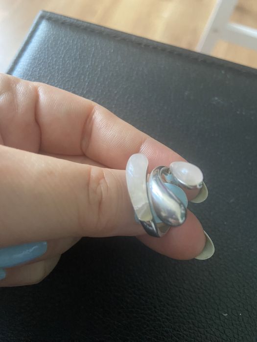 Сребърни пръстен и обеци с ествествен камък - розов кварц/лунен камък