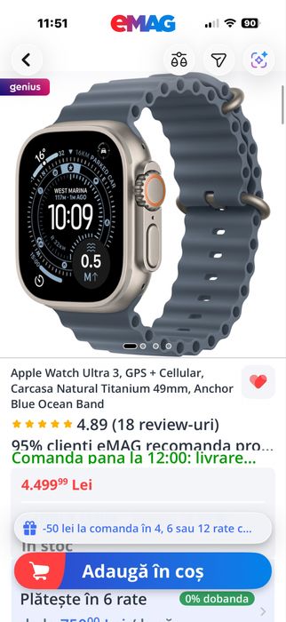 Apple Watch Ultra 3, GPS + Cellular, Carcasa Natural Titanium 49mm, Anchor Blue Ocean Band
