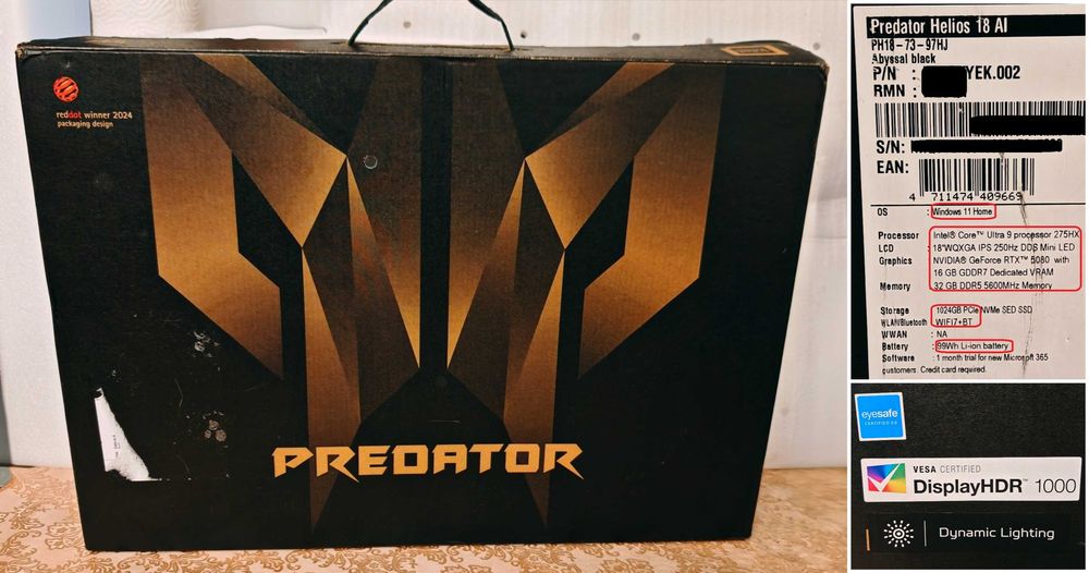 NVidia RTX 5080 16GB/Intel Core Ultra 9 275HX/32GB RAM/1TB NVME/18' Quad HD HDR 1000 250hz 100% DCI-P3/Acer Predator Helios 18 AI геймърски ЧИСТО НОВ