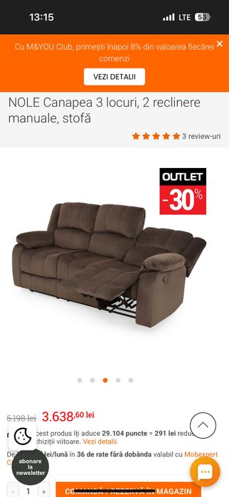 Canapea 3 locuri,2 reclinere manuale