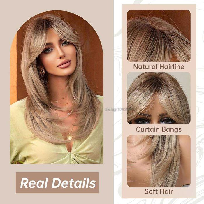 Тъмно руса перука с фини светли кичури и дълъг бретон