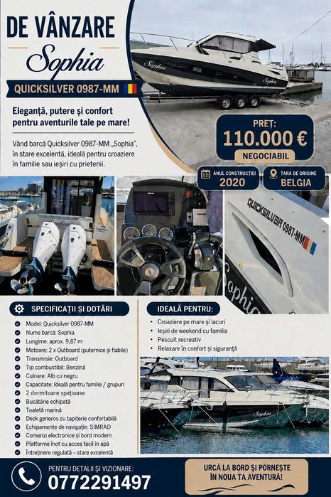 Vând barcă Quicksilver 0987-MM „Sophia” – 2020 – 110.000 € negociabil