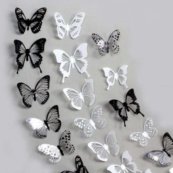 18pcs Black And White 3D Effect Crystal Butterflies Beautiful
