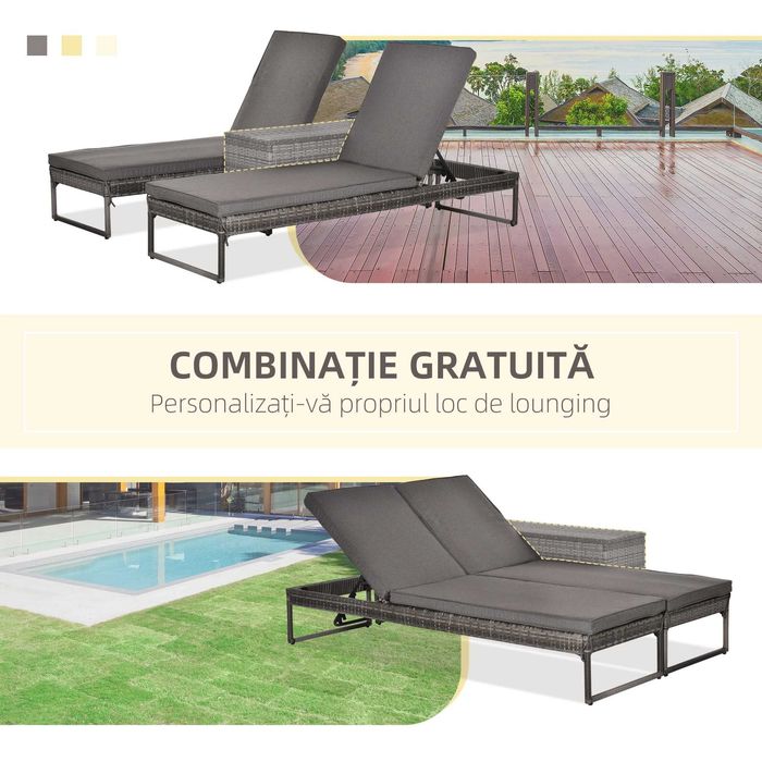 Set 2 Sezlonguri Cu Spatar Reglabil si  Masuta din Ratan , Gri , HOMCOM