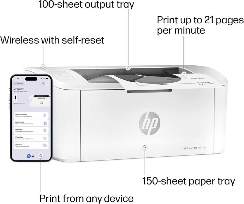 Чисто нов на 70 страници черно-бял лазерен принтер HP LaserJet M110w