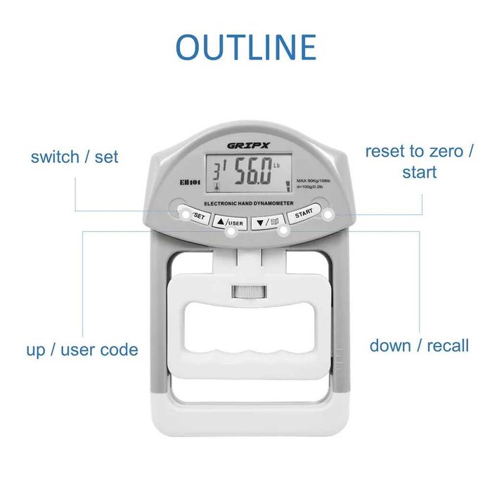Dinamometru digital pentru mână, 90 kg, detectare automată, gri