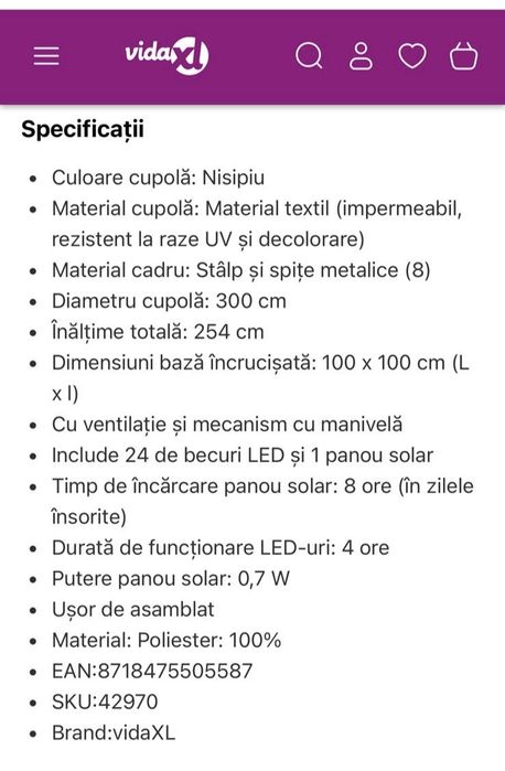 Umbrela de soare suspendată