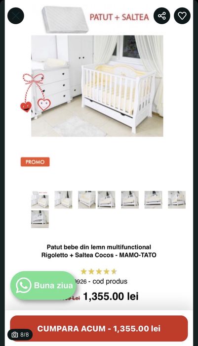 Patut bebe din lemn multifunctional Rigoletto + Saltea Cocos - MAMO-TATO