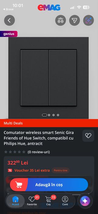 Comutator / dimmer wireless smart Senic Gira Friends of Hue Switch Anthracite Matt simplu sau dublu, fără baterie sau alimentare