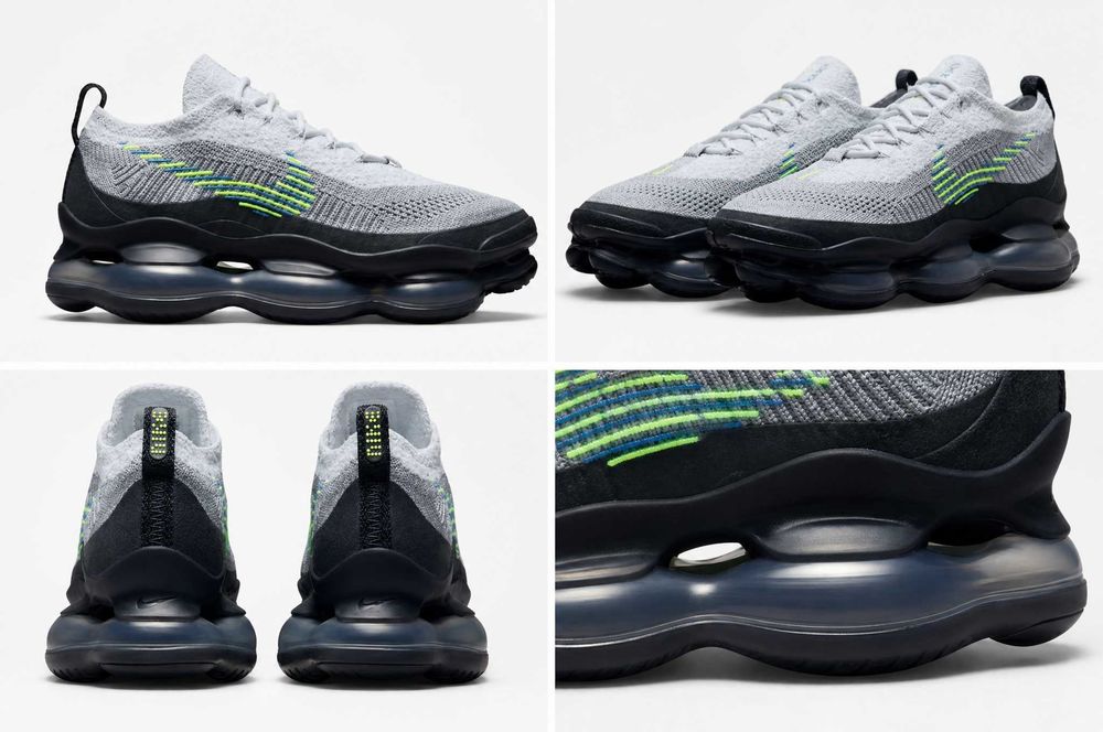 Мъжки маратонки Nike Air Max Scorpion FK — Wolf Grey / Volt, Flyknit, гигантски Air Max възглавници