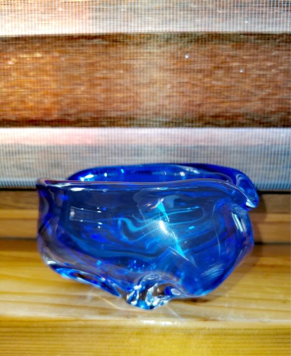 Антикварна Мурано кристална купа пепелник кобалтово синя ръчно правена