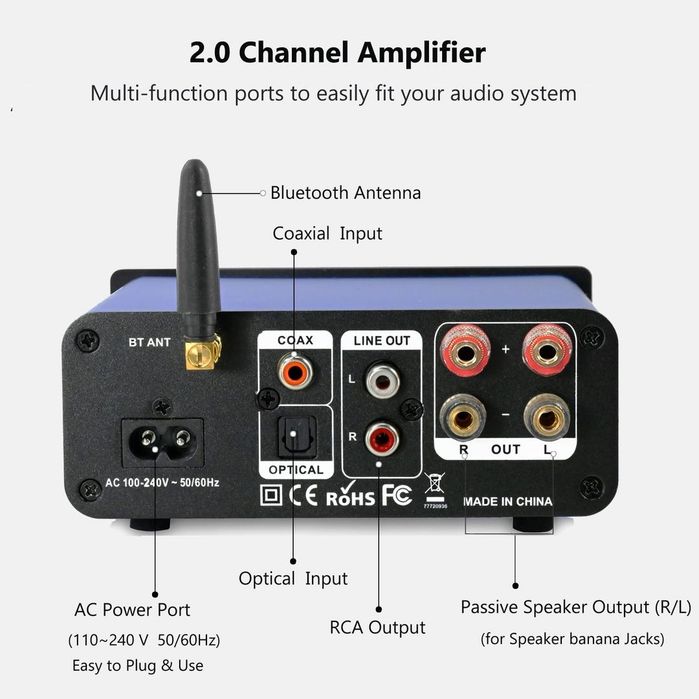Amplificator Audio Bluetooth TPA3116 200W Mini HiFi USB Optic Coaxial