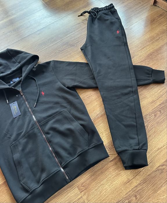 Мъжки,памучен,черен екип Ralph Polo с качулка и бродирано лого