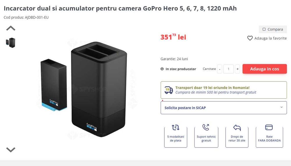 Incarcator dual pt camera GoPro Hero 5, 6, 7, 8, 1220 mAh - 100 lei