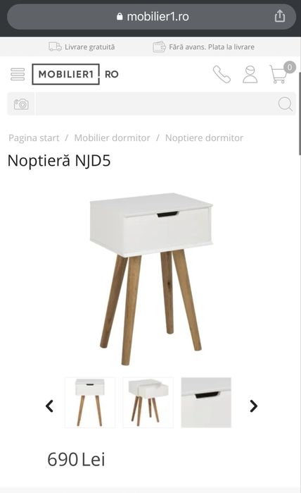 Noptiera alba din lemn, picioare lemn stejar