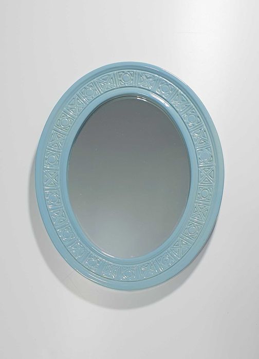 Oglindă Ovală Vintage, Rară - Ramă Ceramică Bleu Ciel, Stare Impecabilă
