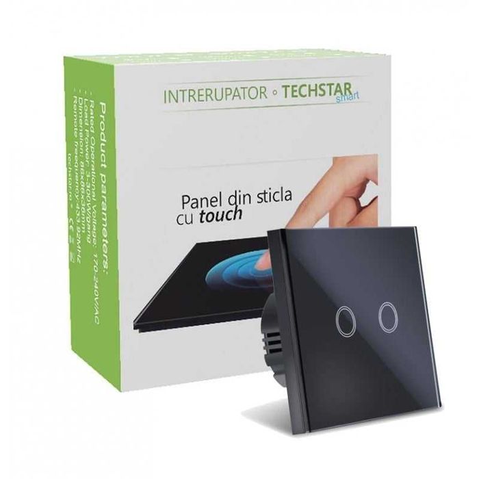 Intrerupator Smart Touch, Wireless, Sticla Securizata, 2 Faze, Negru