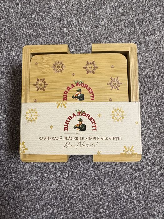 Set  6 suporturi de pahare din lemn gravate cu logo Birra Moretti