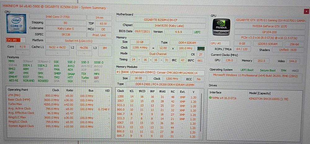 PC Gaming i7-7700, GTX 1070 8g DDR5, 32GB DDR4 2400 CL14, Win11
