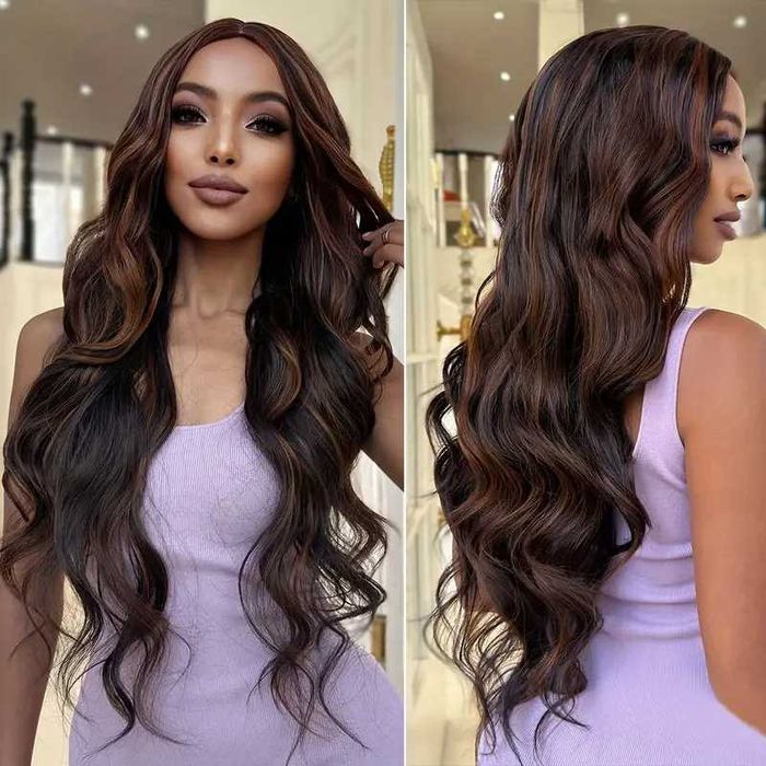 Тъмно кафява вълнообразна перука с кичури