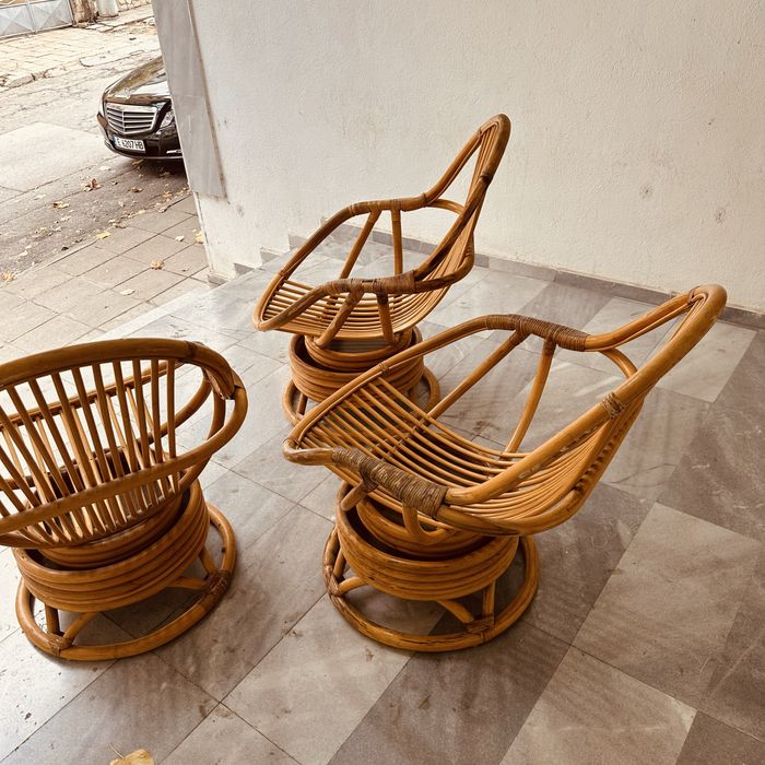 Винтидж шведски ротангови въртящи се столове (комплект 3 бр.)