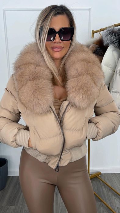 Geaca Dama fâș guler din blana naturala vulpe captuseala puf gasca