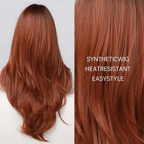Дълга оранжева перука с тъмни корени и бретон