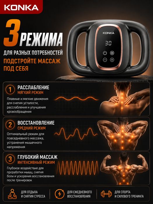KONKA перкуссионный массажер, 6 головок, 30 скоростей, 2000 Mh/A