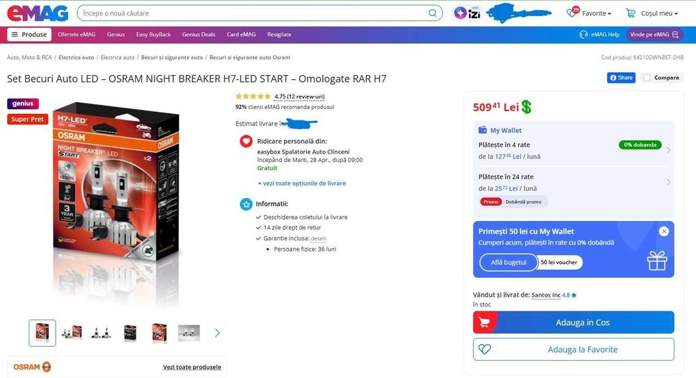 Set Becuri Auto LED Osram Night Breaker H7-LED START Omologate RAR H7