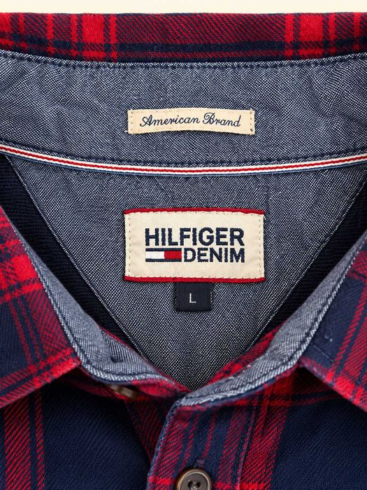 Cămașă Hilfiger Denim bărbați în carouri roșu și bleumarin, 100% bumbac, mărimea L