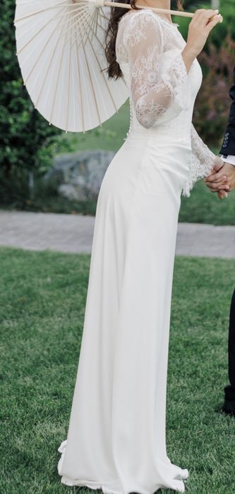 Rochie de mireasă din mătase naturală, cu voal Chantilly de 2,5 m